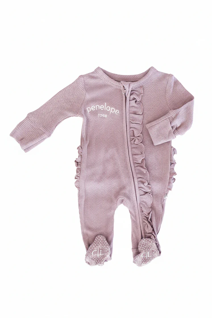 Embroidered Bamboo Waffle Zipper Ruffle Footie | Amethyst - Image 2