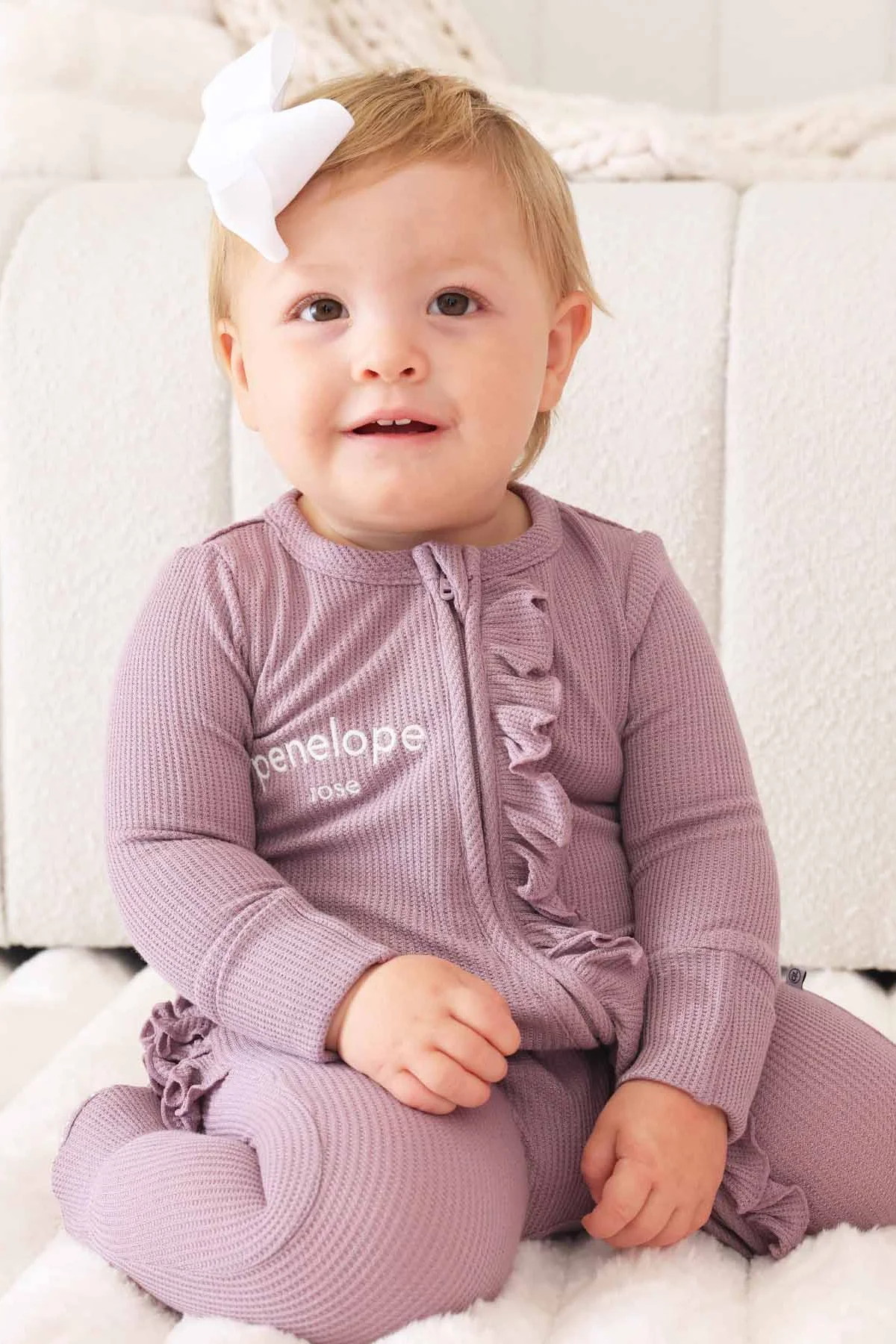 Embroidered Bamboo Waffle Zipper Ruffle Footie | Amethyst - Image 3