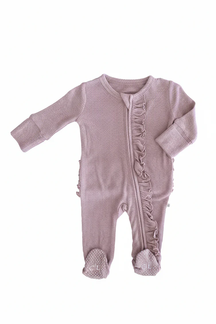 Embroidered Bamboo Waffle Zipper Ruffle Footie | Amethyst - Image 7