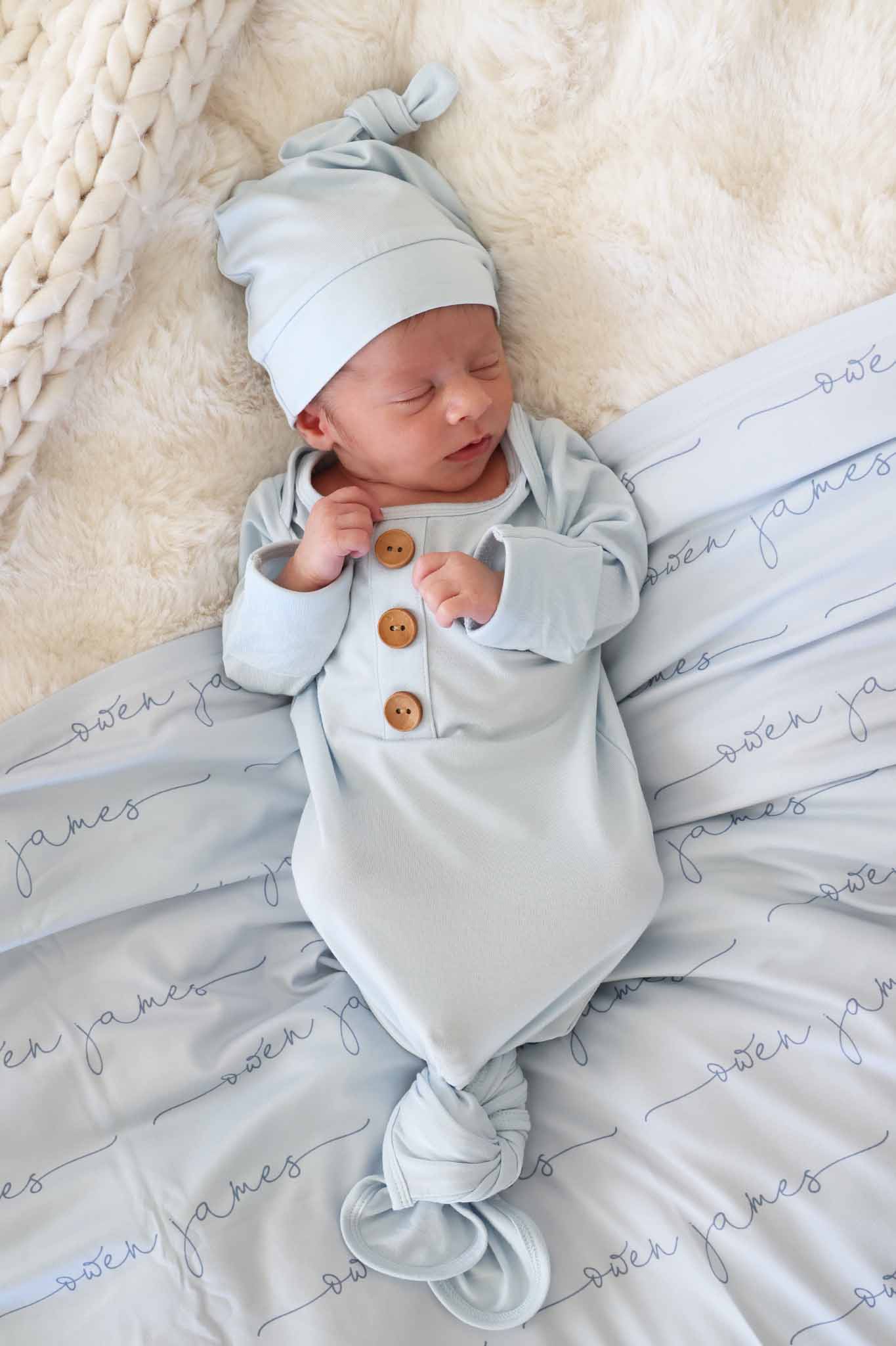 Baby Blue Newborn Baby Knot Gown & Hat Set - Image 4