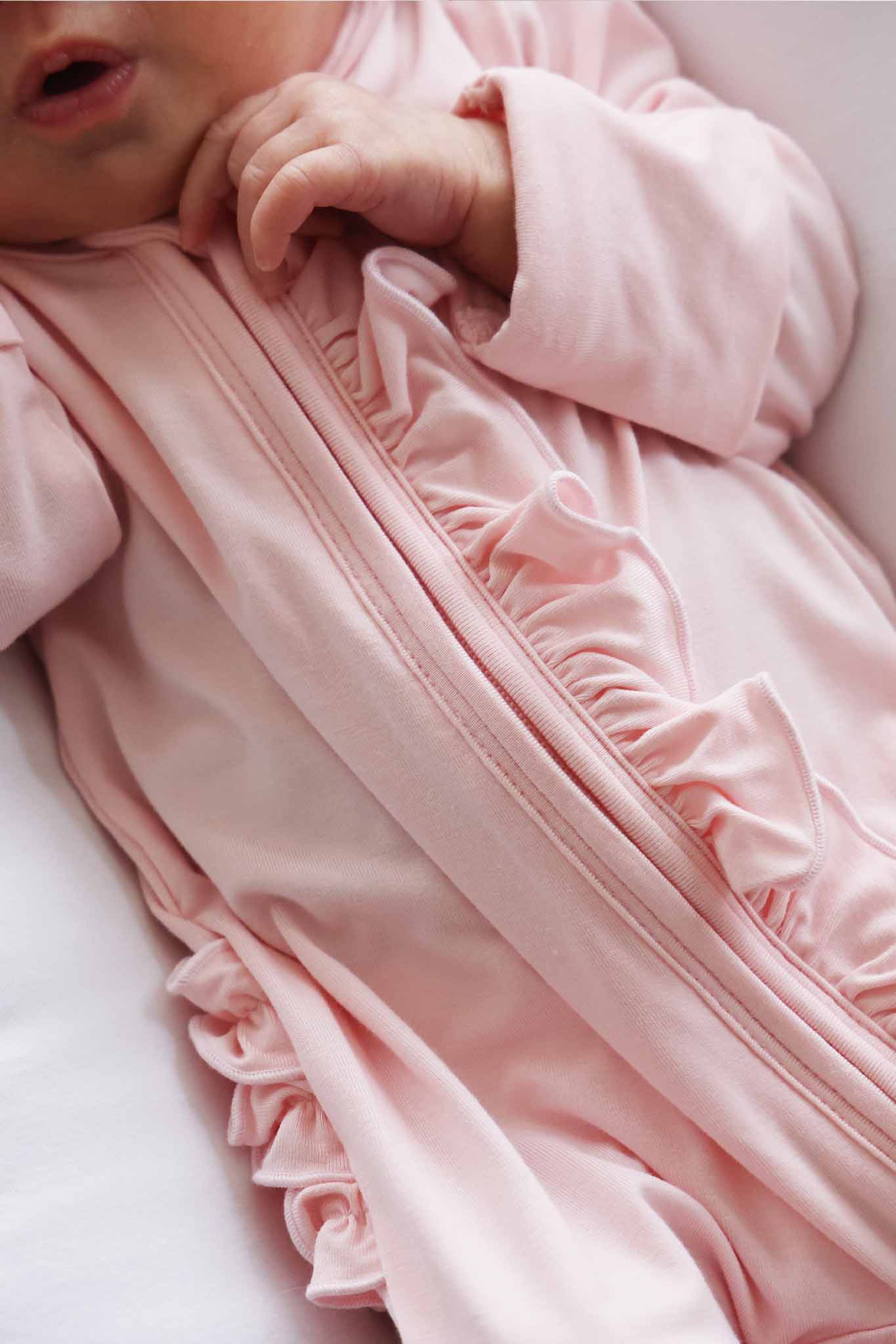Baby Pink Bamboo Ruffle Zipper Footie - Image 6