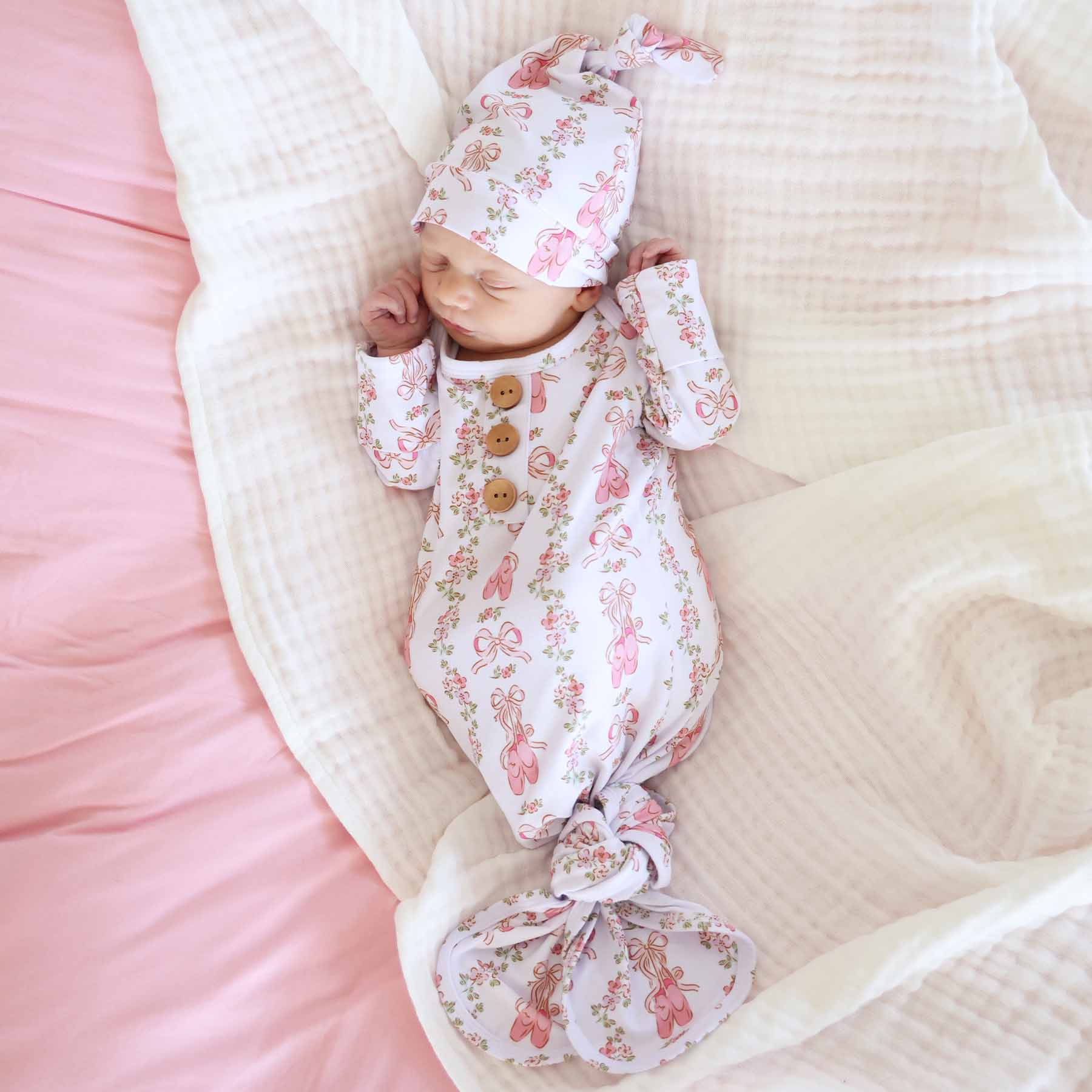 Ballet Blossoms Newborn Baby Knot Gown & Hat Set - Image 6