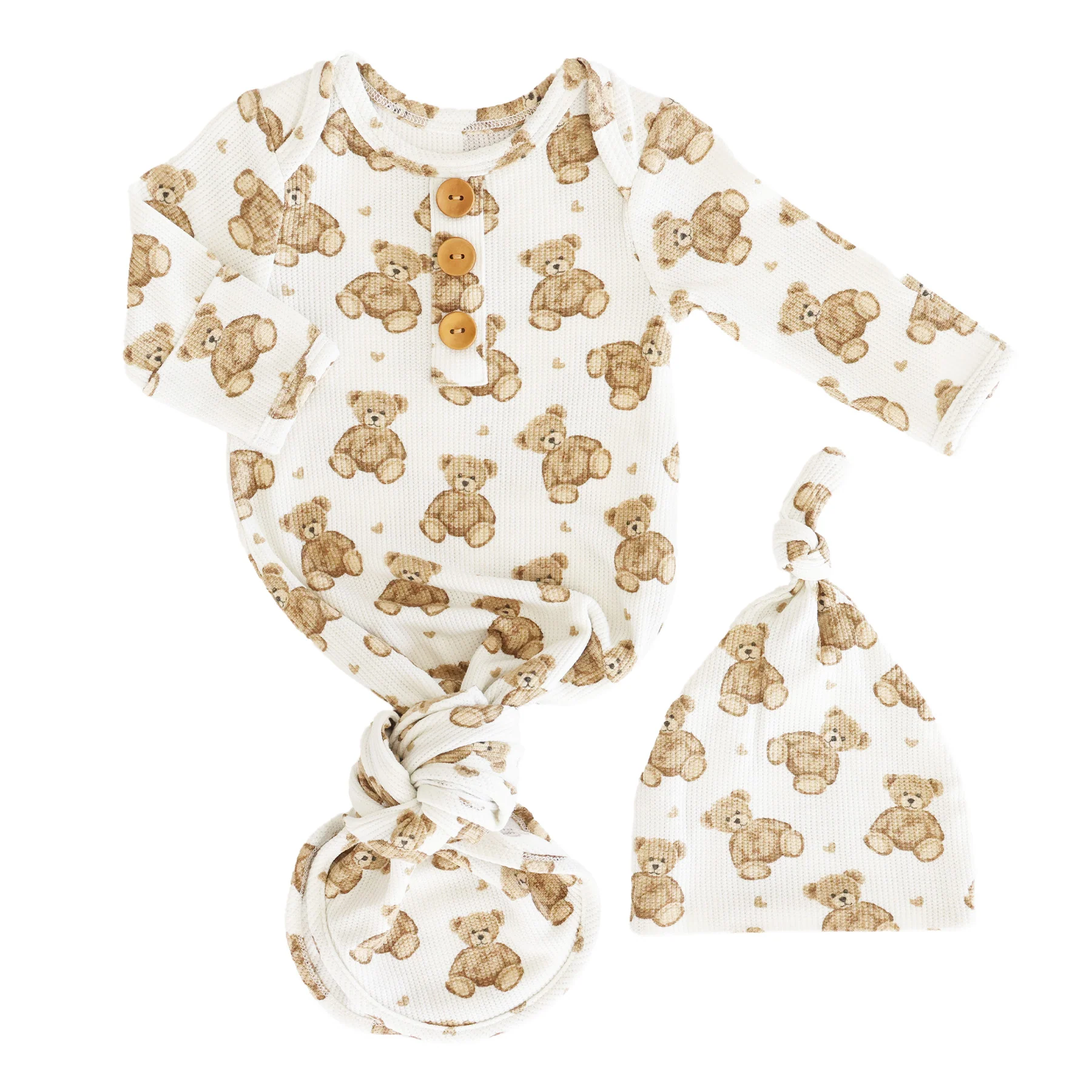 Beary Sweet Bamboo Waffle Newborn Baby Knot Gown & Hat Set - Image 2