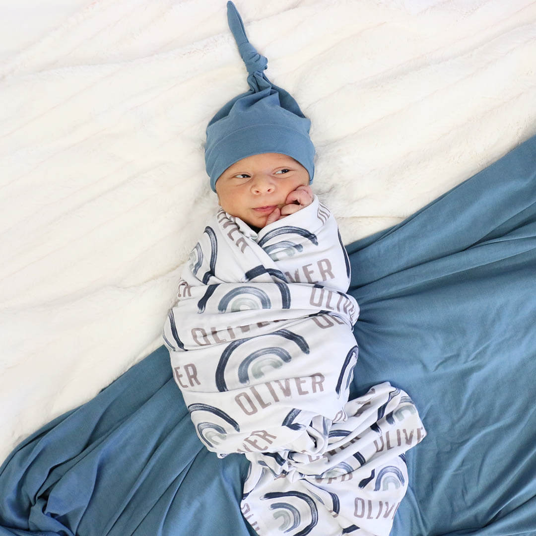 Brooks' Blue Rainbows Personalized Swaddle Blanket - Image 4