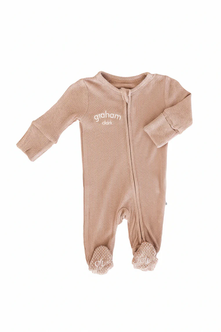 Embroidered Bamboo Waffle Zipper Footie | Cocoa - Image 2