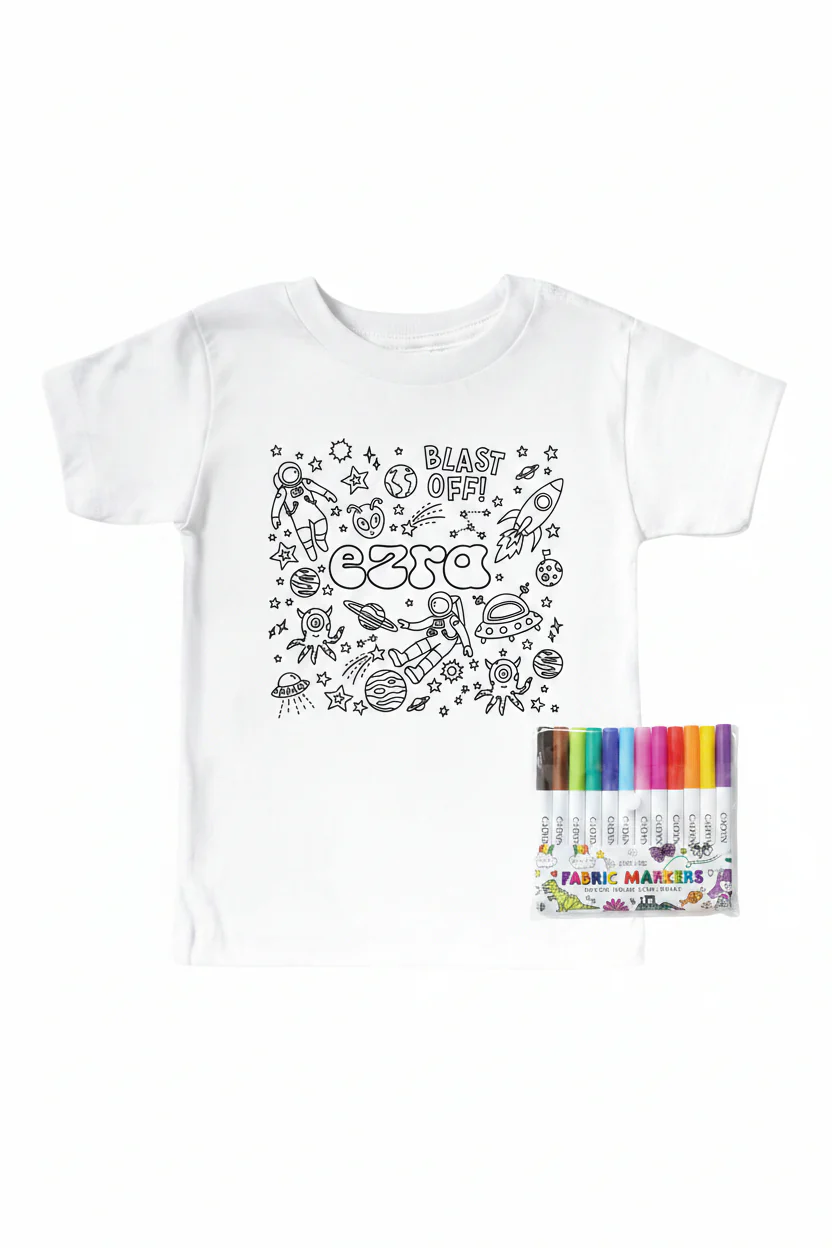 Colorable Blast Off Personalized Kids Graphic Tee | White