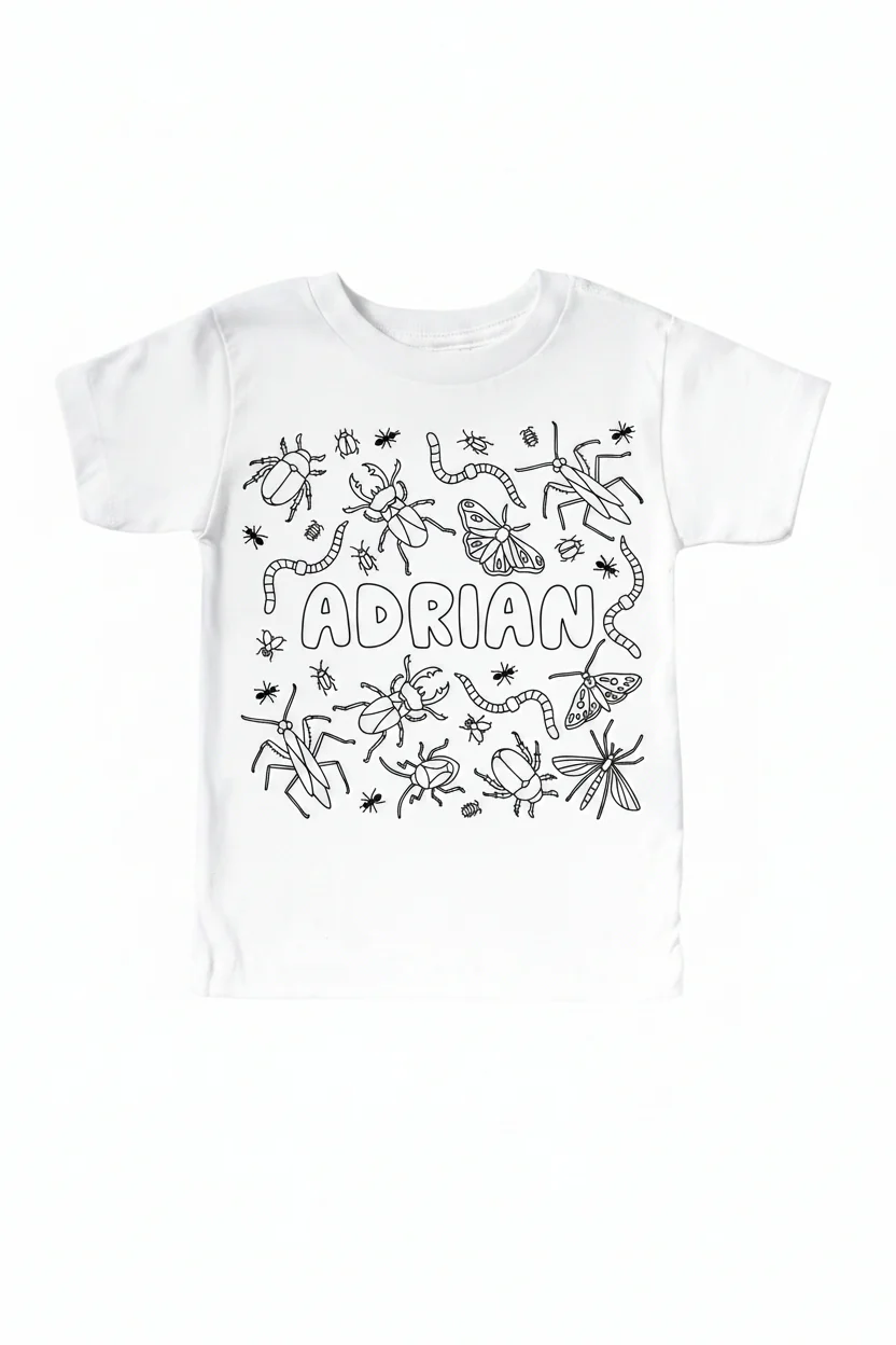 Colorable Doodle Bugs Personalized Kids Graphic Tee | White