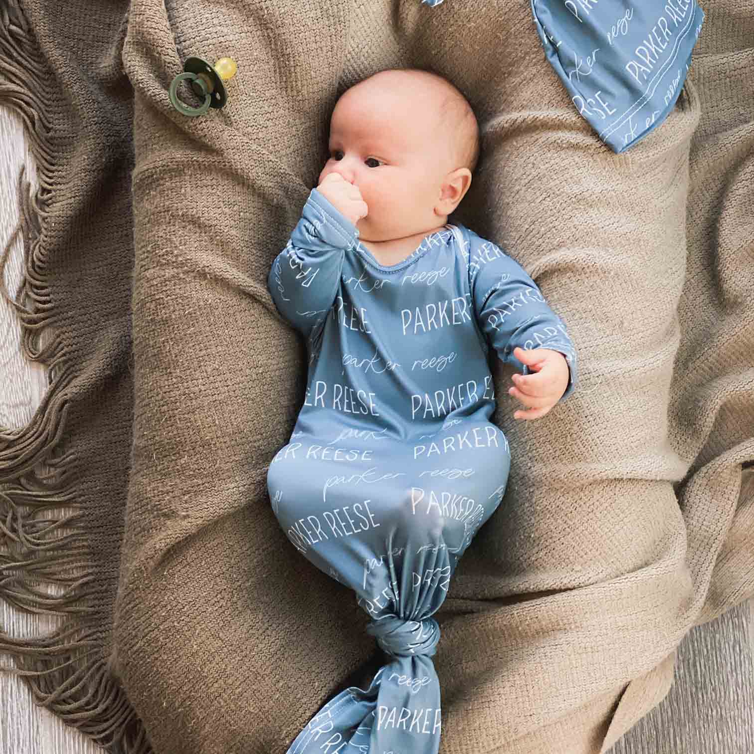 Solid Dusty Blue Personalized Newborn Baby Knot Gown - Image 3