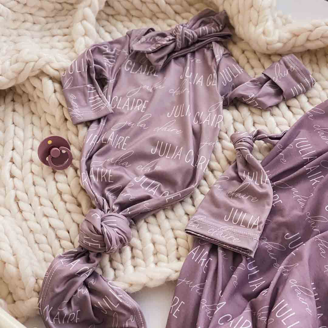 Solid Dusty Purple Personalized Newborn Baby Knot Gown - Image 3