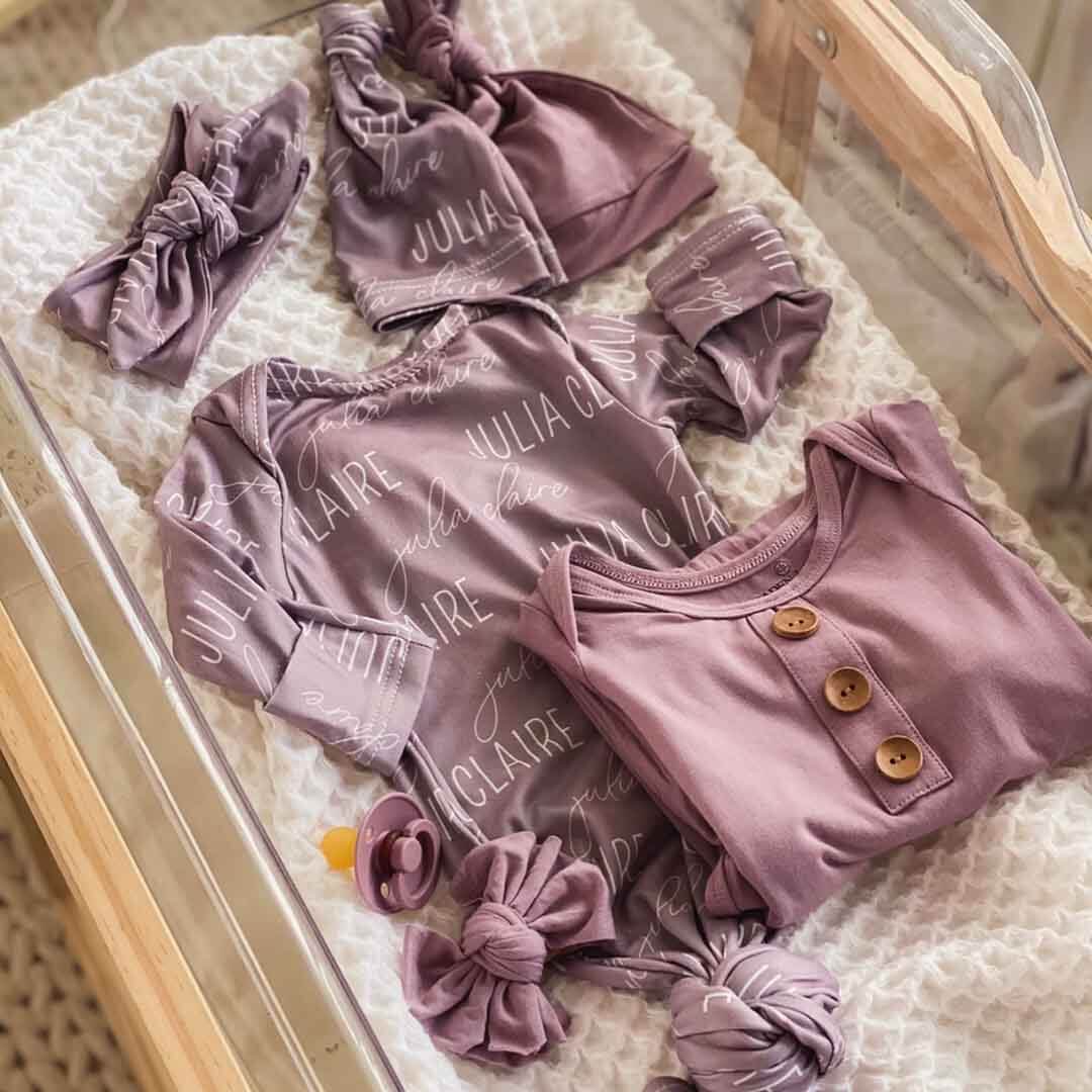 Solid Dusty Purple Personalized Newborn Baby Knot Gown - Image 4