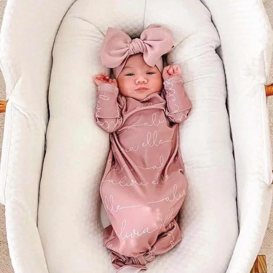 Solid Mauve Personalized Newborn Baby Knot Gown - Image 2