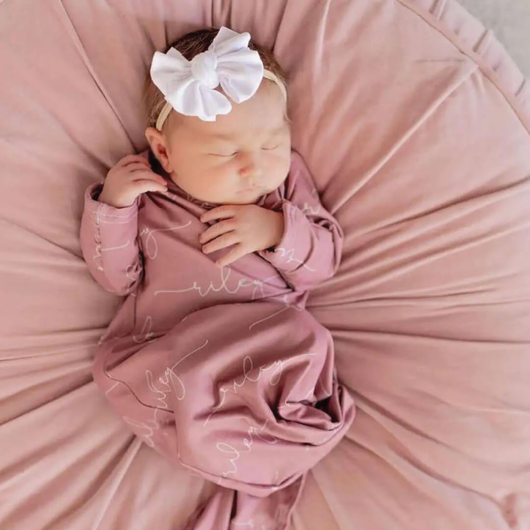Solid Mauve Personalized Newborn Baby Knot Gown - Image 3