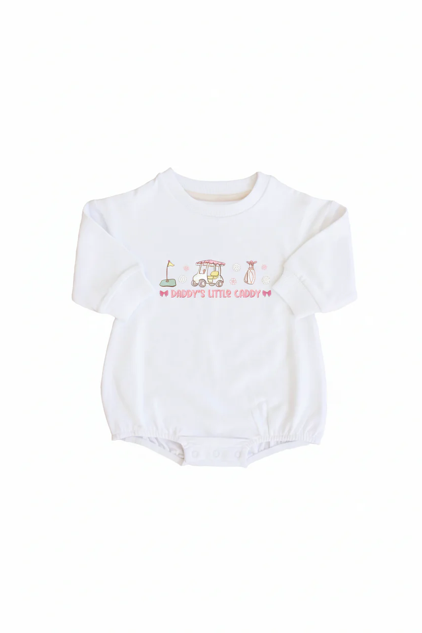 Daddy's Little Caddy Graphic Sweatshirt Bubble Romper | White