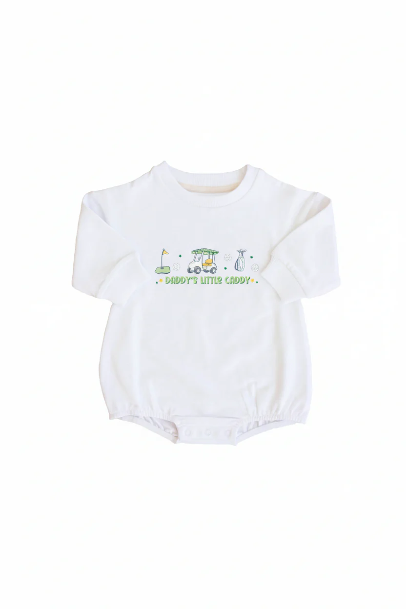 Daddy's Little Caddy Graphic Sweatshirt Bubble Romper | White - Image 2