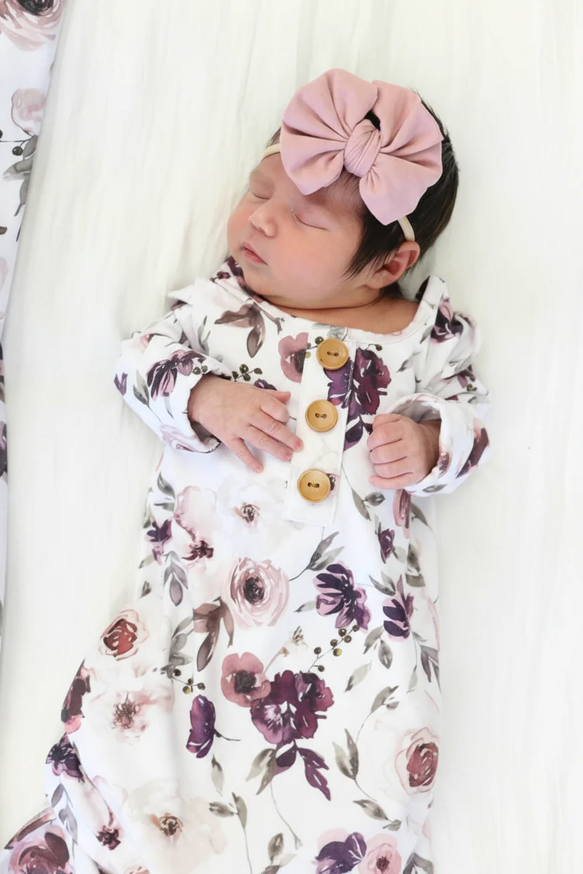 Demi's Dusty Purple Floral Newborn Baby Knot Gown & Hat Set - Image 3
