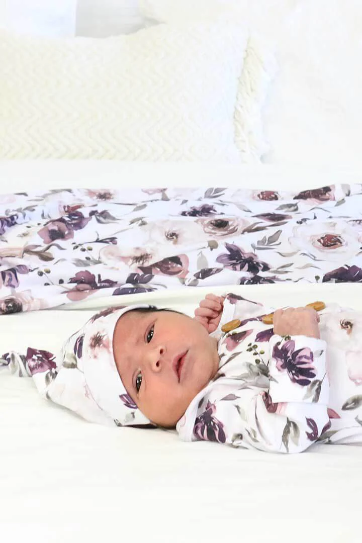 Demi's Dusty Purple Floral Newborn Baby Knot Gown & Hat Set - Image 6