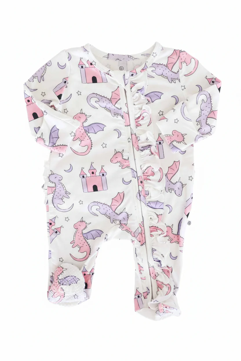 Dragon Adventure Ruffle Zipper Footie | Pink - Image 11