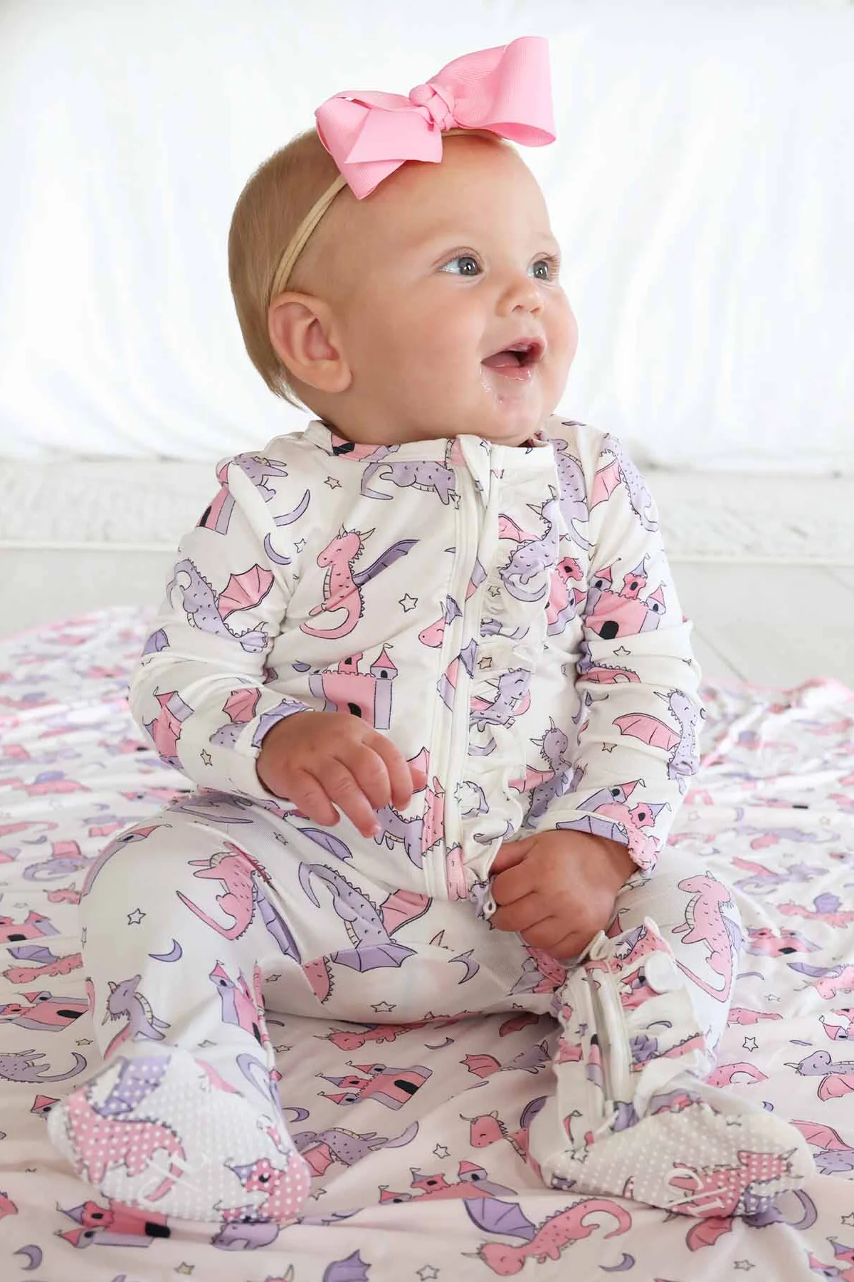 Dragon Adventure Ruffle Zipper Footie | Pink - Image 13