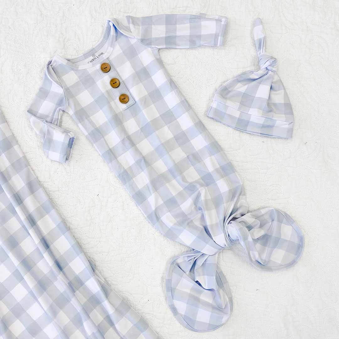 Dusty Blue Gingham Newborn Baby Knot Gown & Hat Set - Image 3