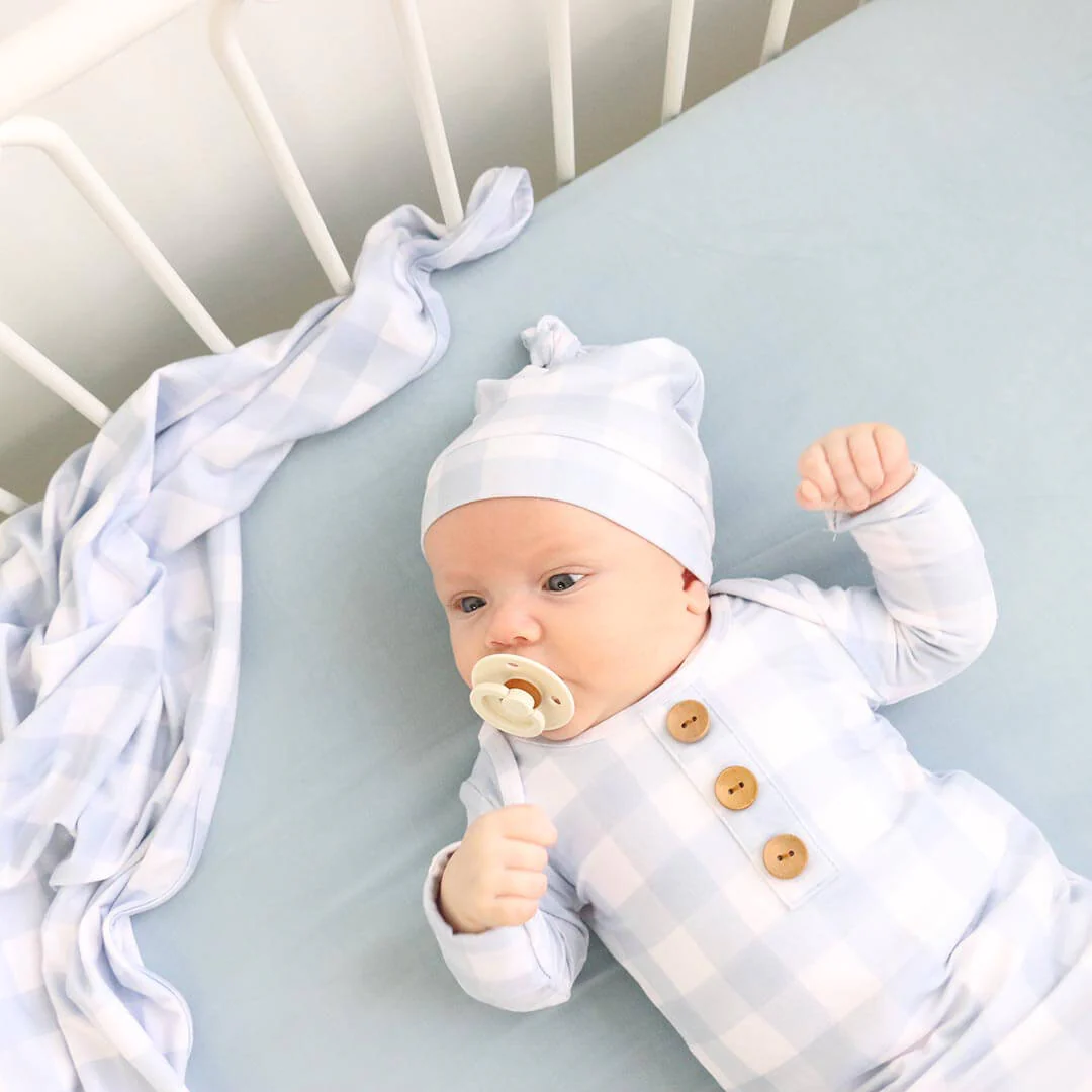 Dusty Blue Gingham Newborn Baby Knot Gown & Hat Set - Image 5
