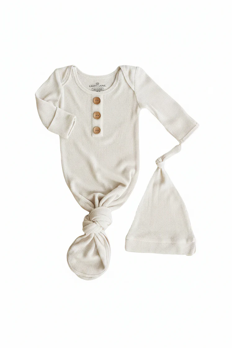 Eggshell Bamboo Waffle Newborn Baby Knot Gown & Hat Set - Image 2