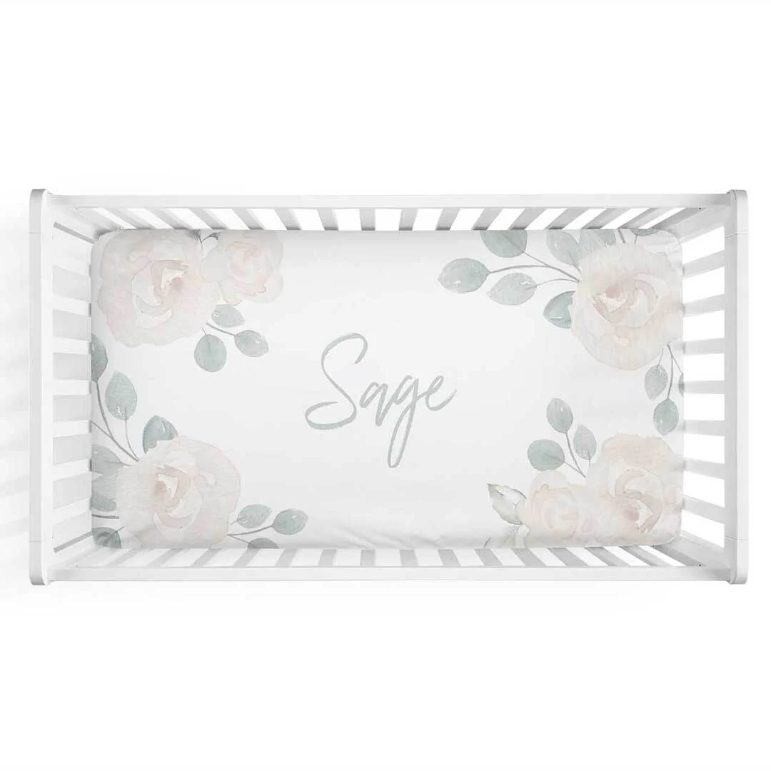 Eleanor's Sage & Ivory Floral Personalized Crib Sheet - Image 2