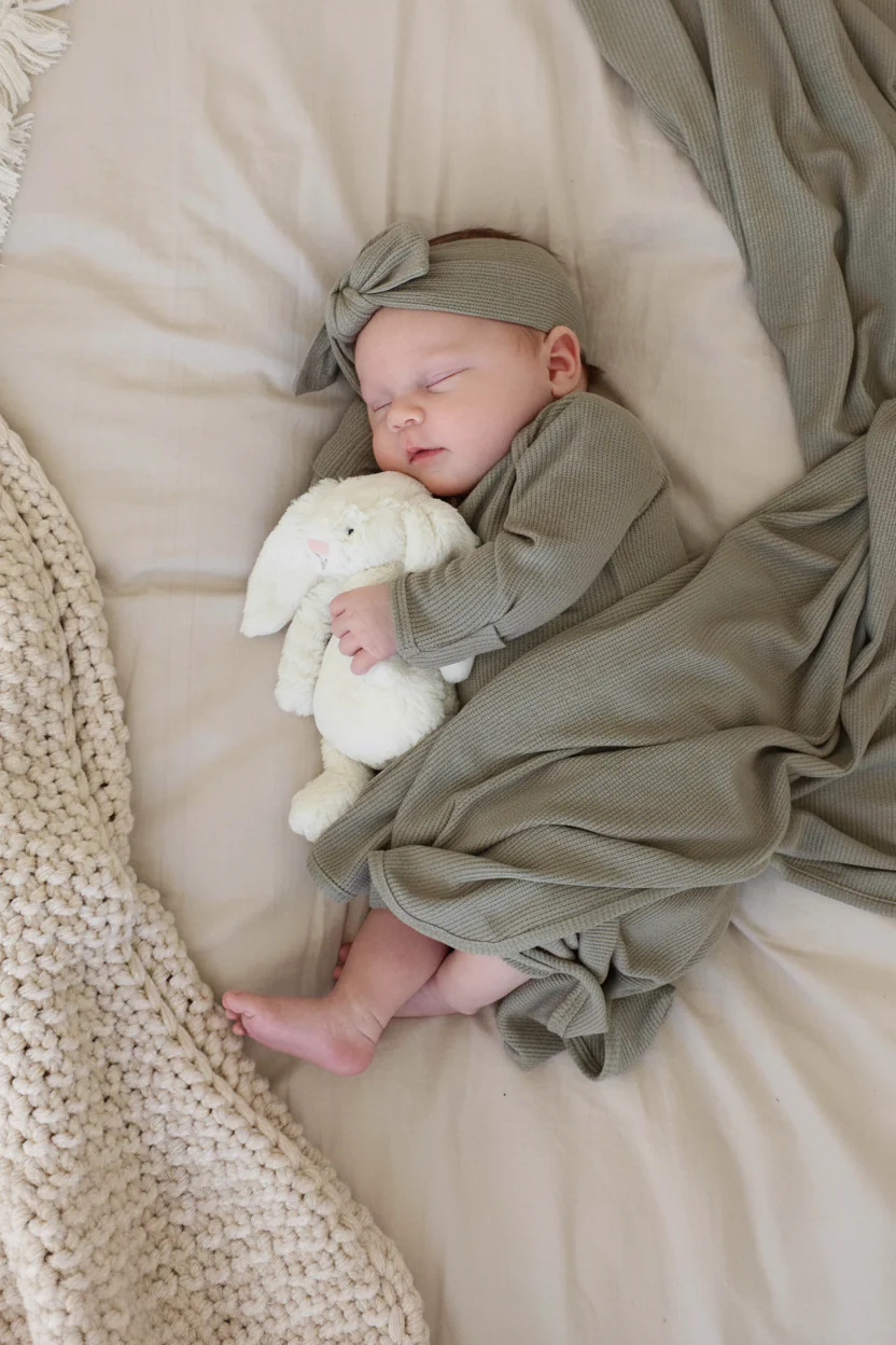 Eucalyptus Bamboo Waffle Newborn Baby Knot Gown & Hat Set - Image 4
