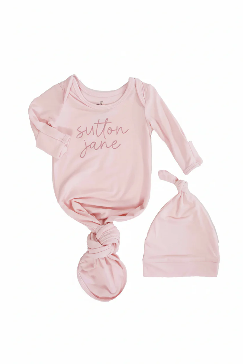 Girl Personalized Bamboo Newborn Baby Knot Gown & Hat - Image 16