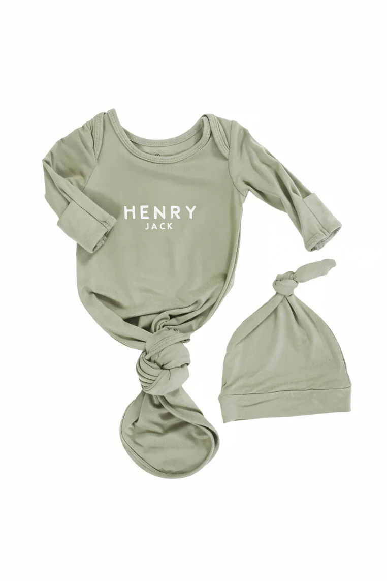 Boy Personalized Bamboo Newborn Baby Knot Gown & Hat - Image 19