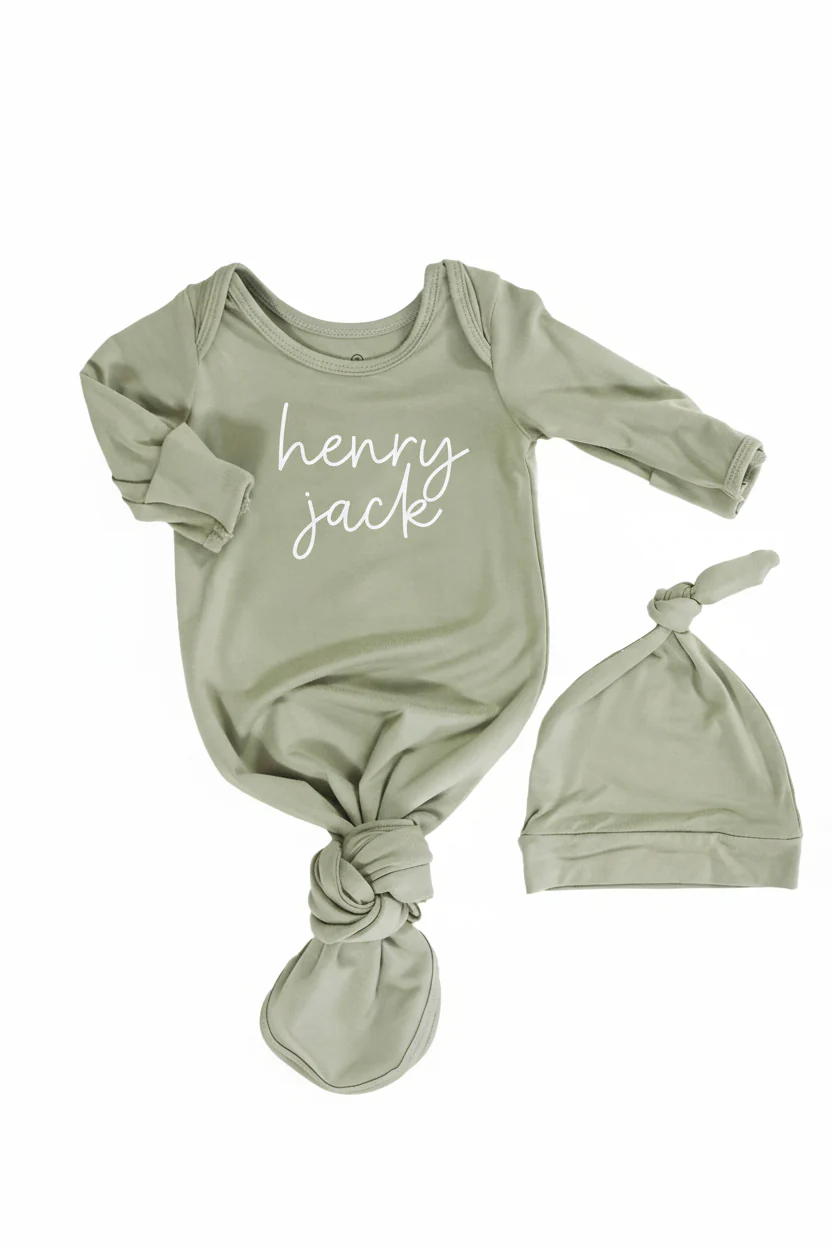 Boy Personalized Bamboo Newborn Baby Knot Gown & Hat - Image 20