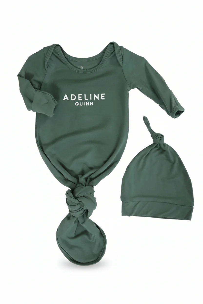 Boy Personalized Bamboo Newborn Baby Knot Gown & Hat - Image 13