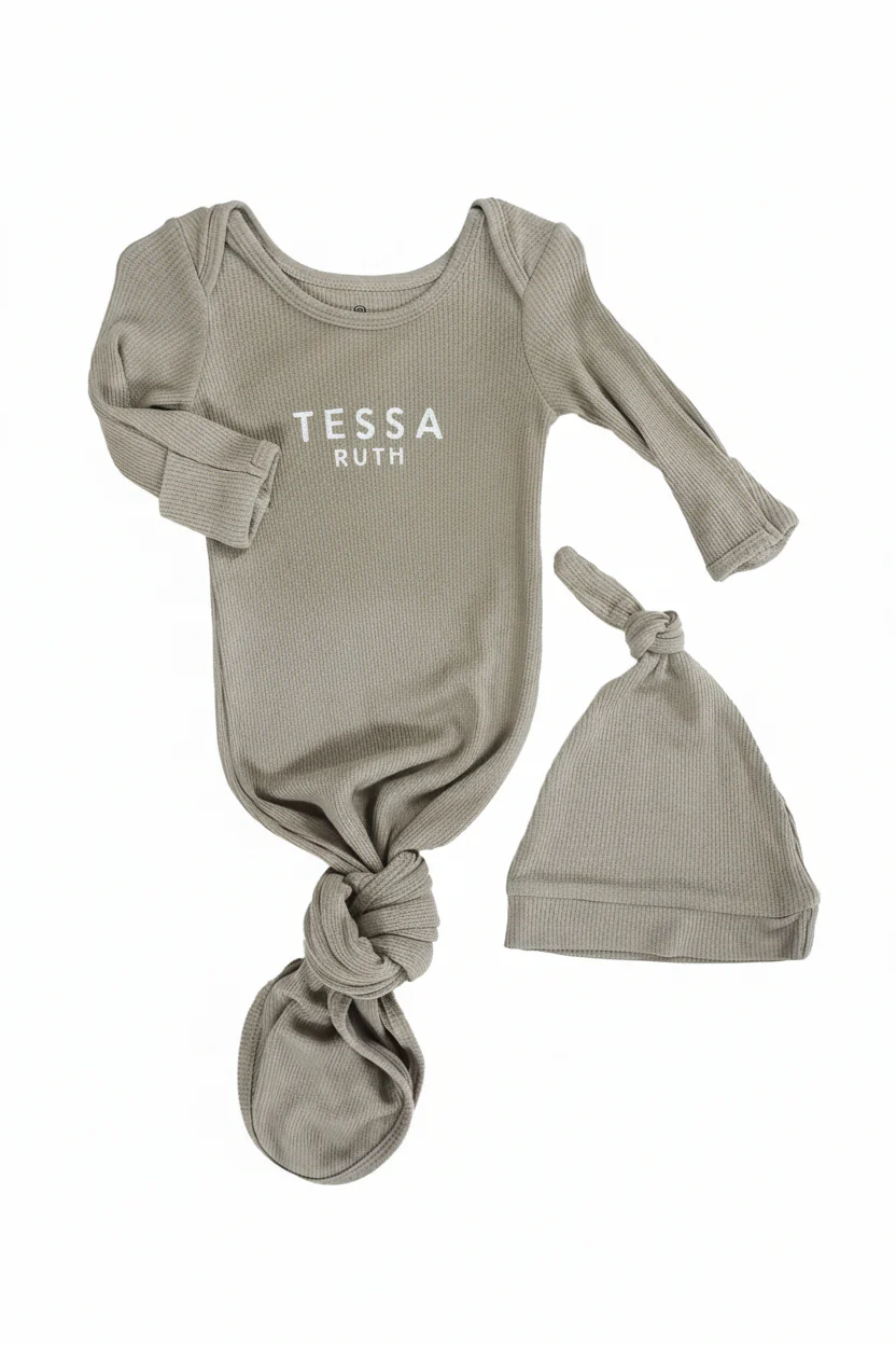 Boy Personalized Bamboo Newborn Baby Knot Gown & Hat - Image 15