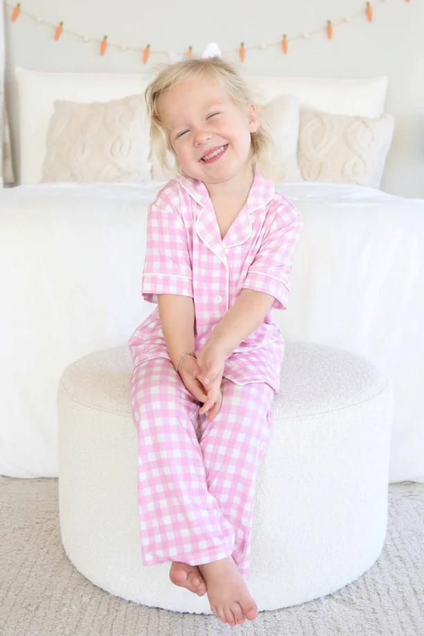 Girl's Two Piece Flare Lounge Set | Pink Gingham - Image 14