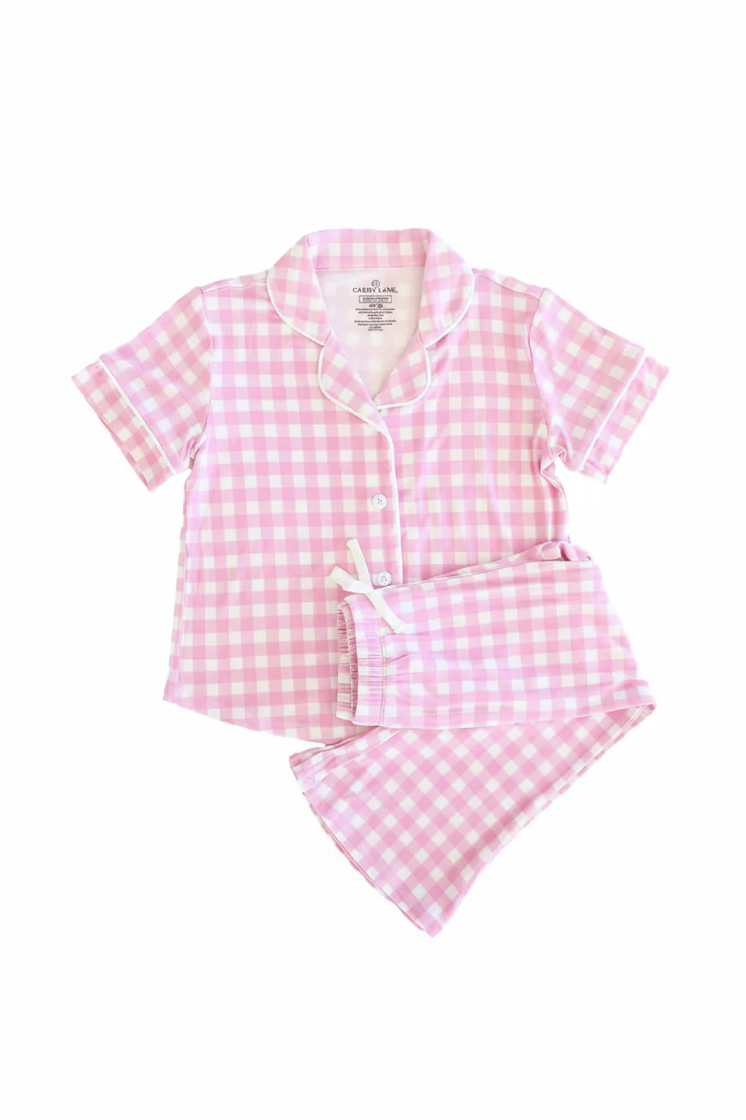 Girl's Two Piece Flare Lounge Set | Pink Gingham - Image 2