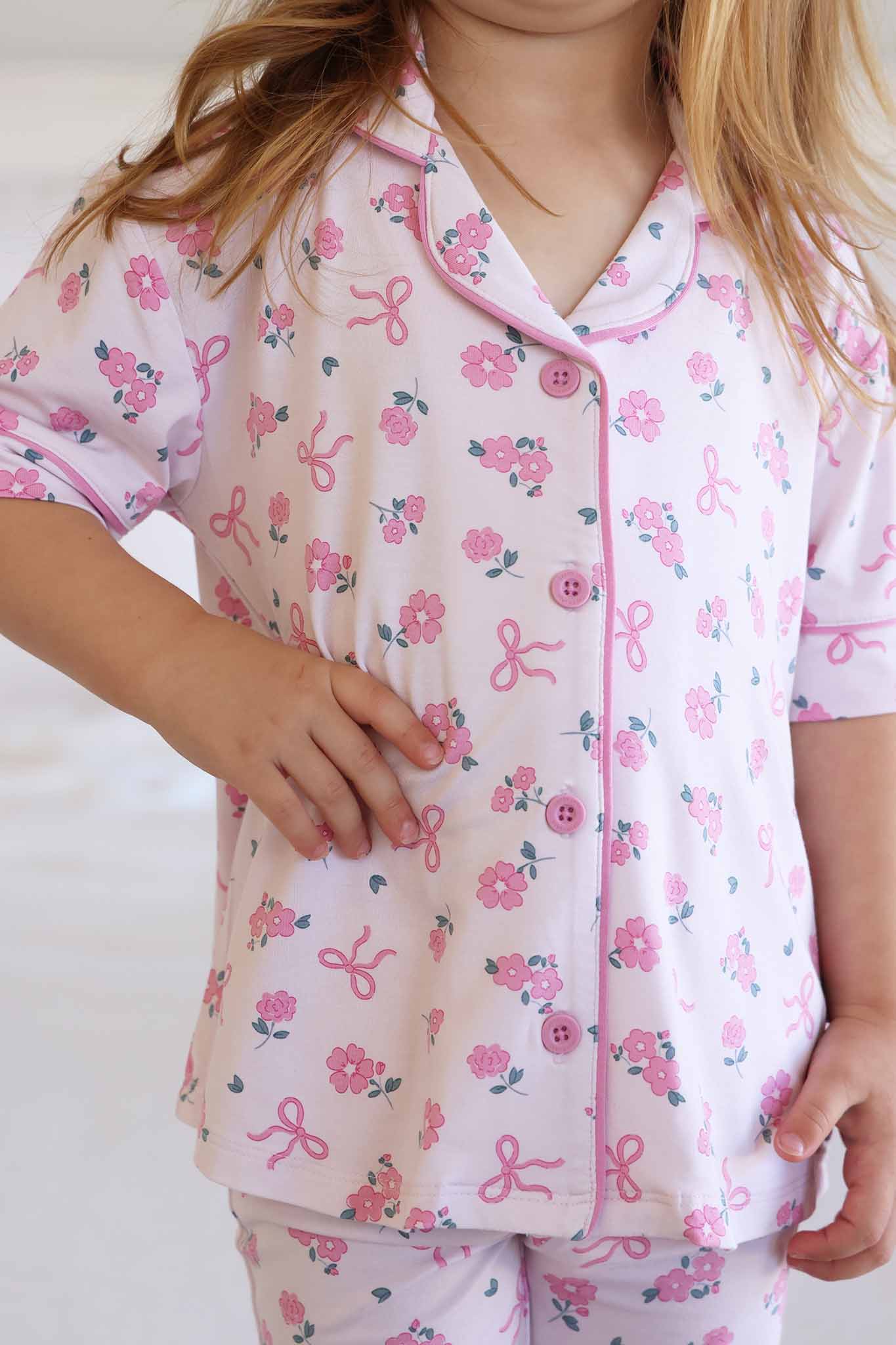 Girl's Two Piece Flare Lounge Set | Ribbon & Roses Pink - Image 7