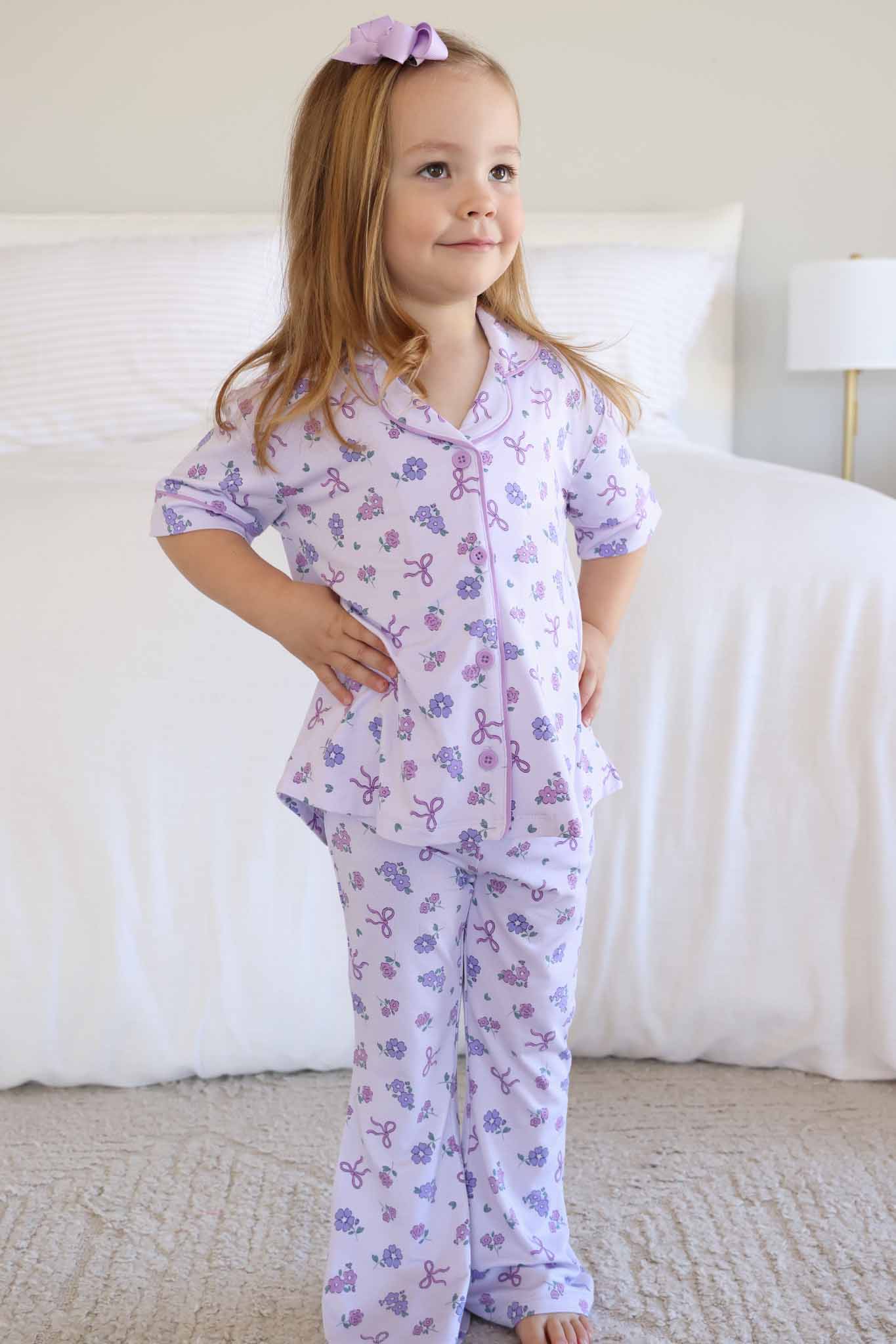 Girl's Two Piece Flare Lounge Set | Ribbon & Roses Purple - Image 10