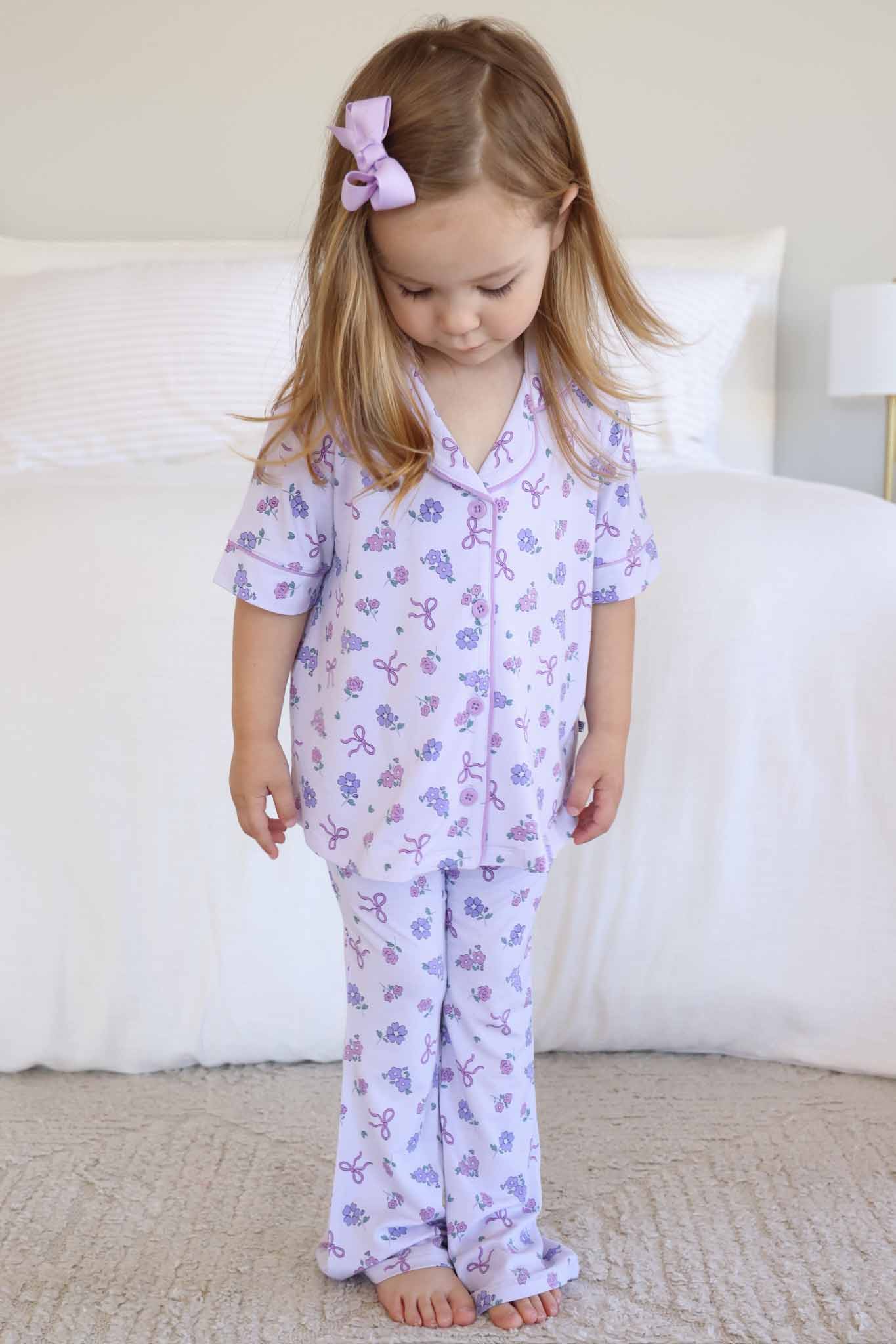 Girl's Two Piece Flare Lounge Set | Ribbon & Roses Purple - Image 4
