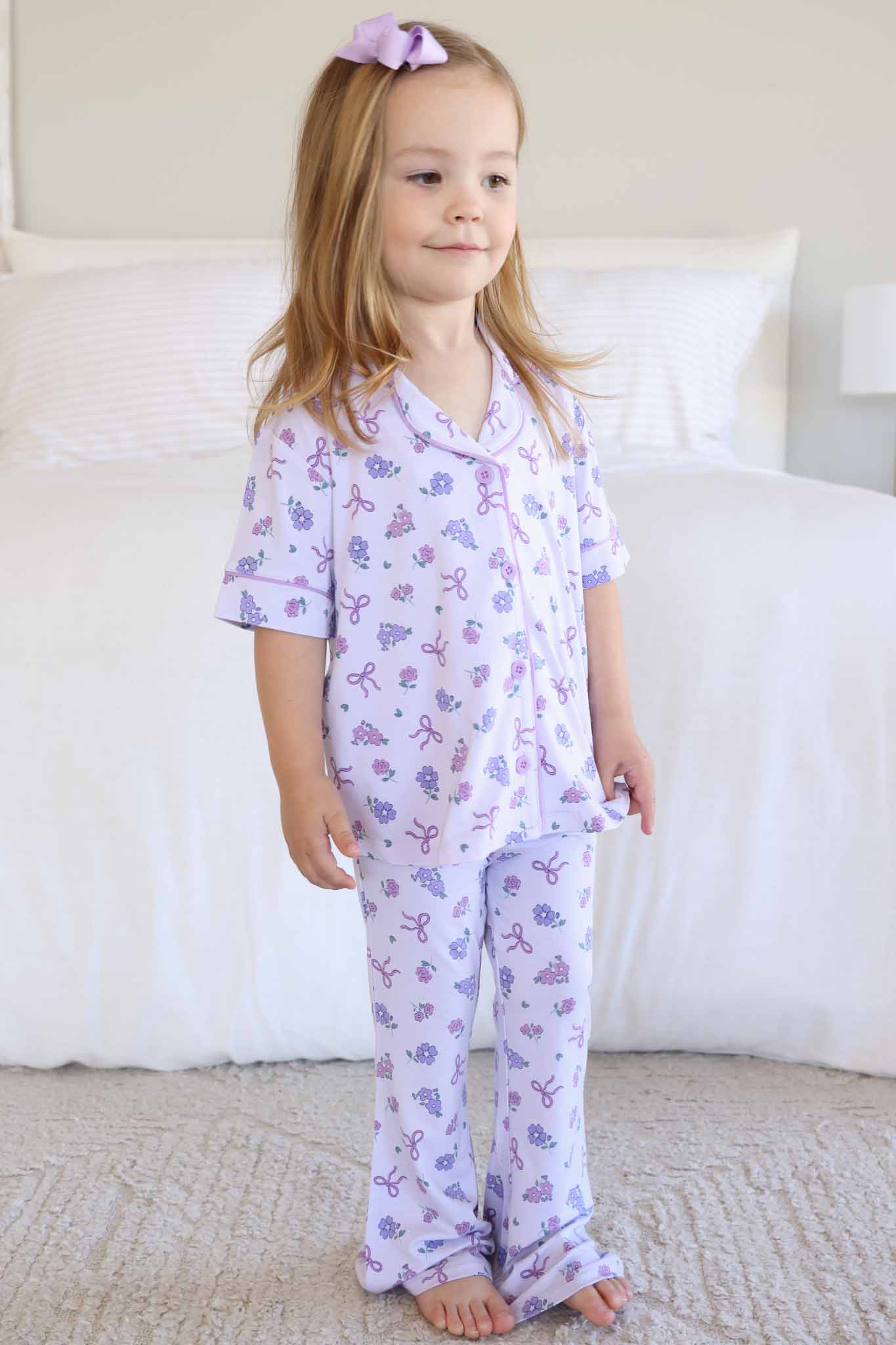 Girl's Two Piece Flare Lounge Set | Ribbon & Roses Purple - Image 7