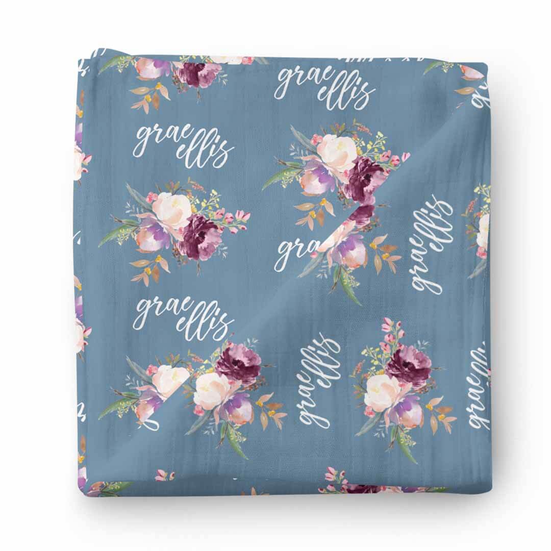 Grae's Dusty Blue Floral Personalized Baby Name Swaddle Blanket - Image 2