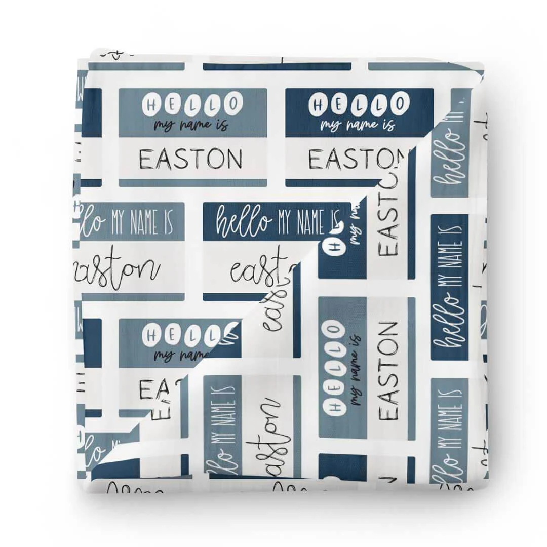 Hello My Name Is Personalized Swaddle Blanket BLUES - Image 2