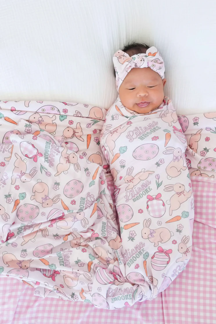 Hoppy Spring Personalized Swaddle Blanket | Pink