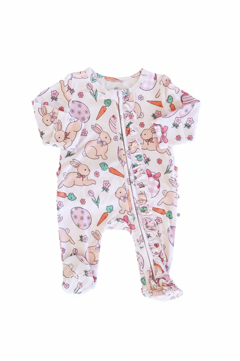 Hoppy Spring Ruffle Zipper Footie | Pink - Image 12