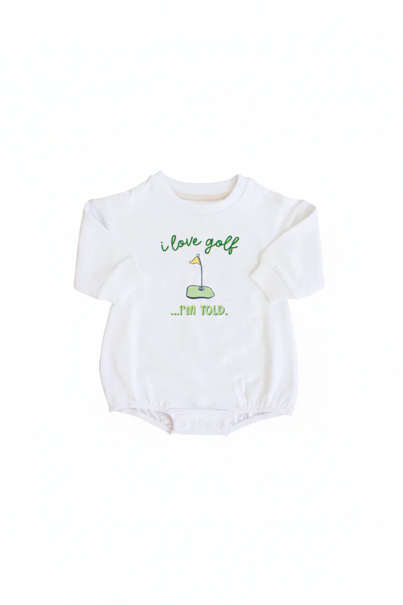 I Love Golf Graphic Sweatshirt Bubble Romper | White