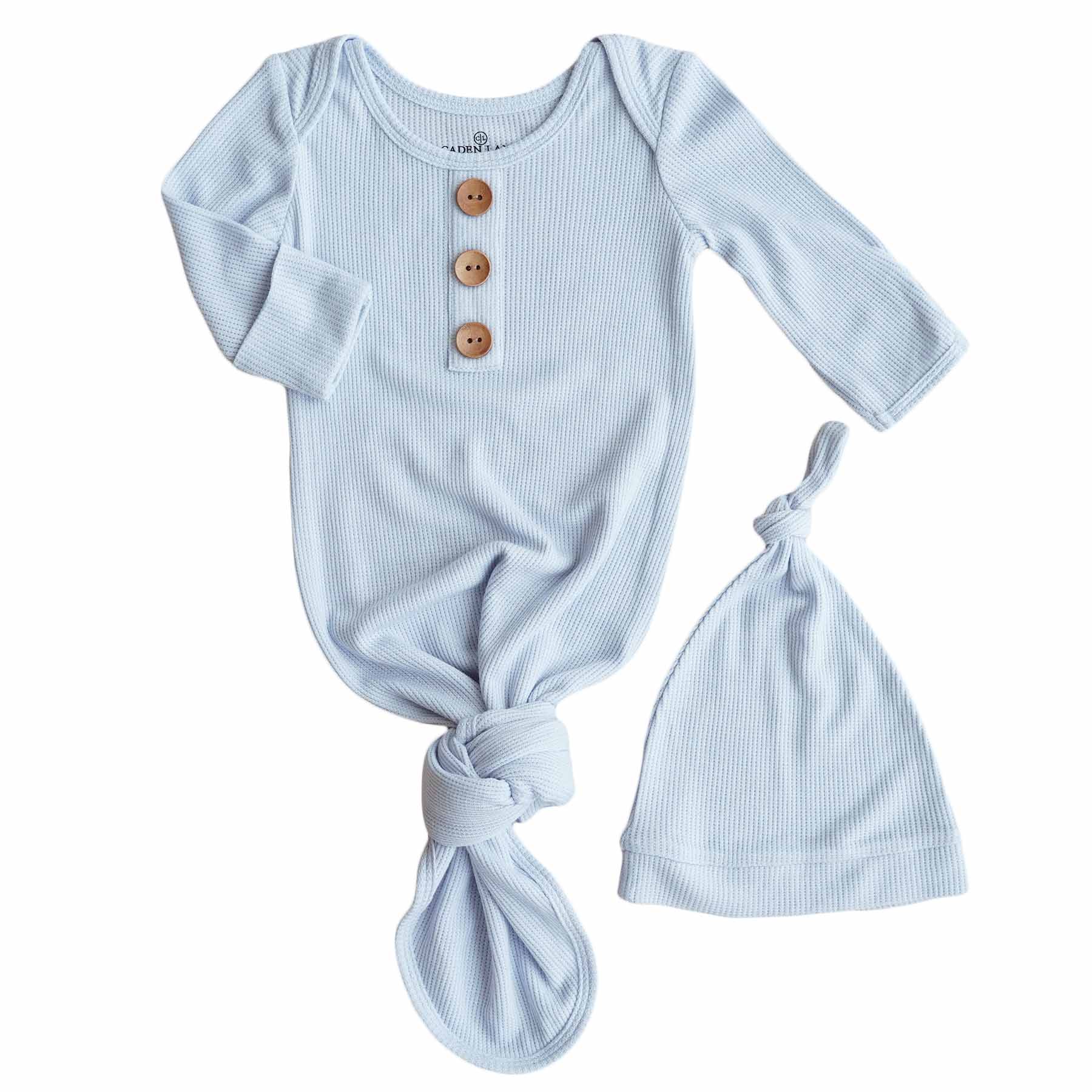 Ice Blue Bamboo Waffle Newborn Baby Knot Gown & Hat Set - Image 2