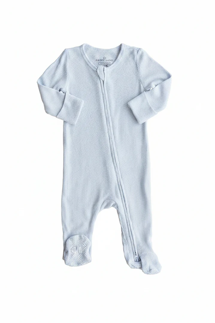 Ice Blue Bamboo Waffle Zipper Footie - Image 4