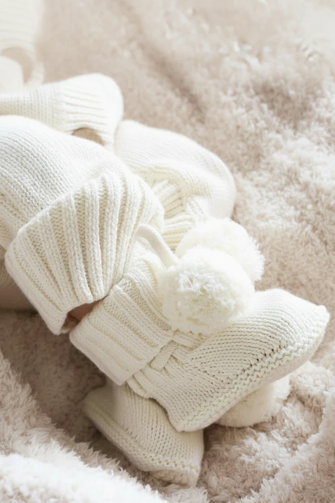 Knit Pom Pom Baby Booties | Ivory - Image 2