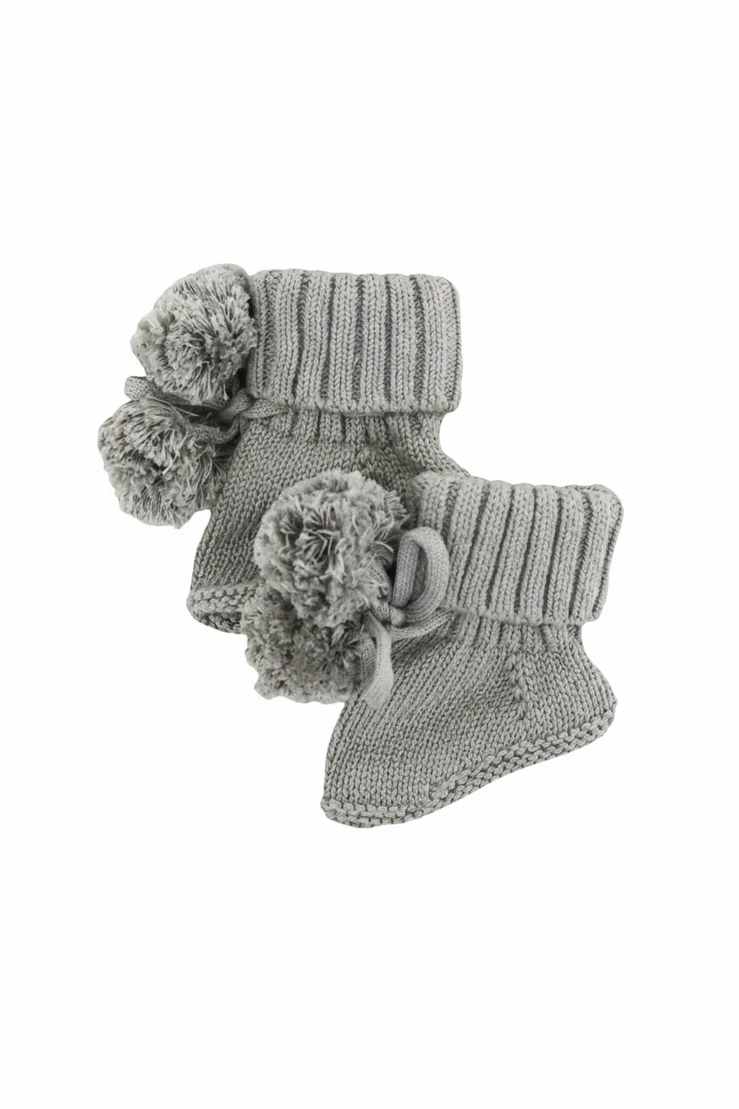 Knit Pom Pom Baby Booties | Smoke