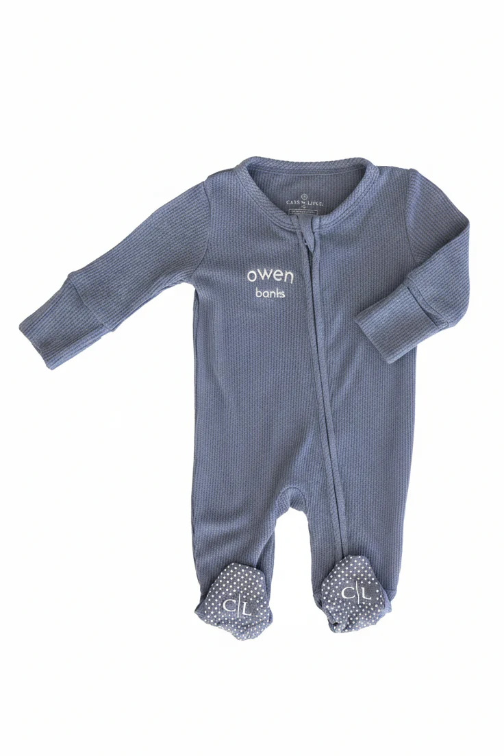 Embroidered Bamboo Waffle Zipper Footie | Lake - Image 2