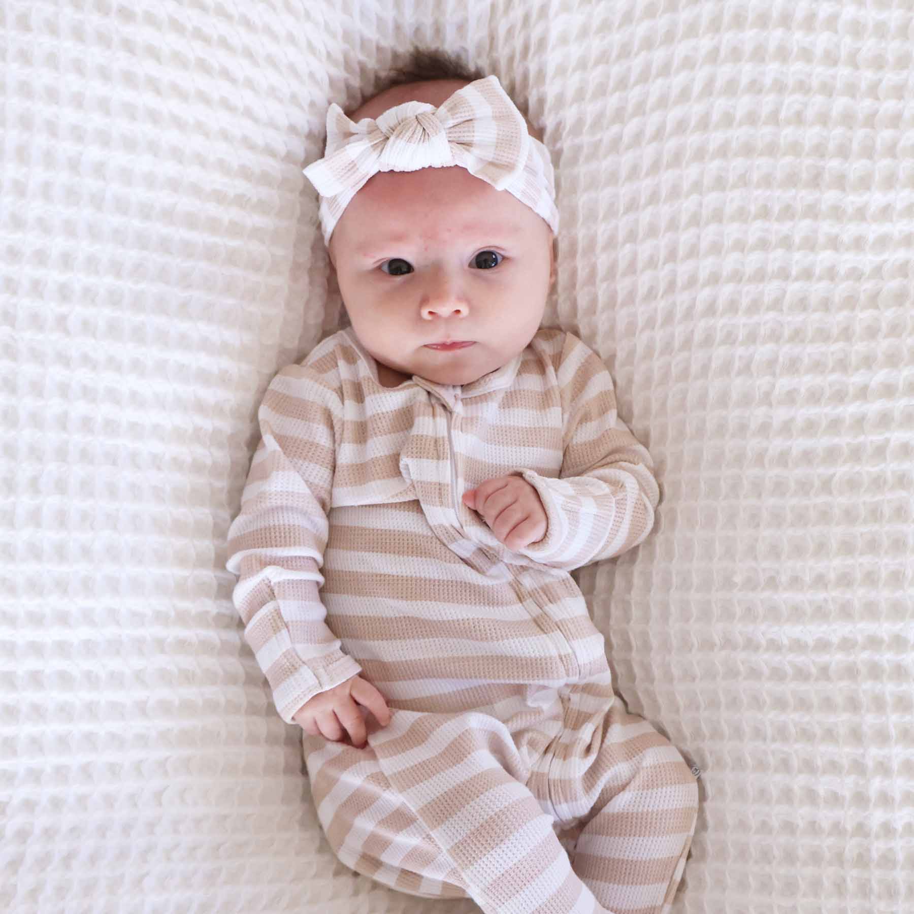 Latte Stripes Bamboo Waffle Knit Large Bow Headwrap - Image 2