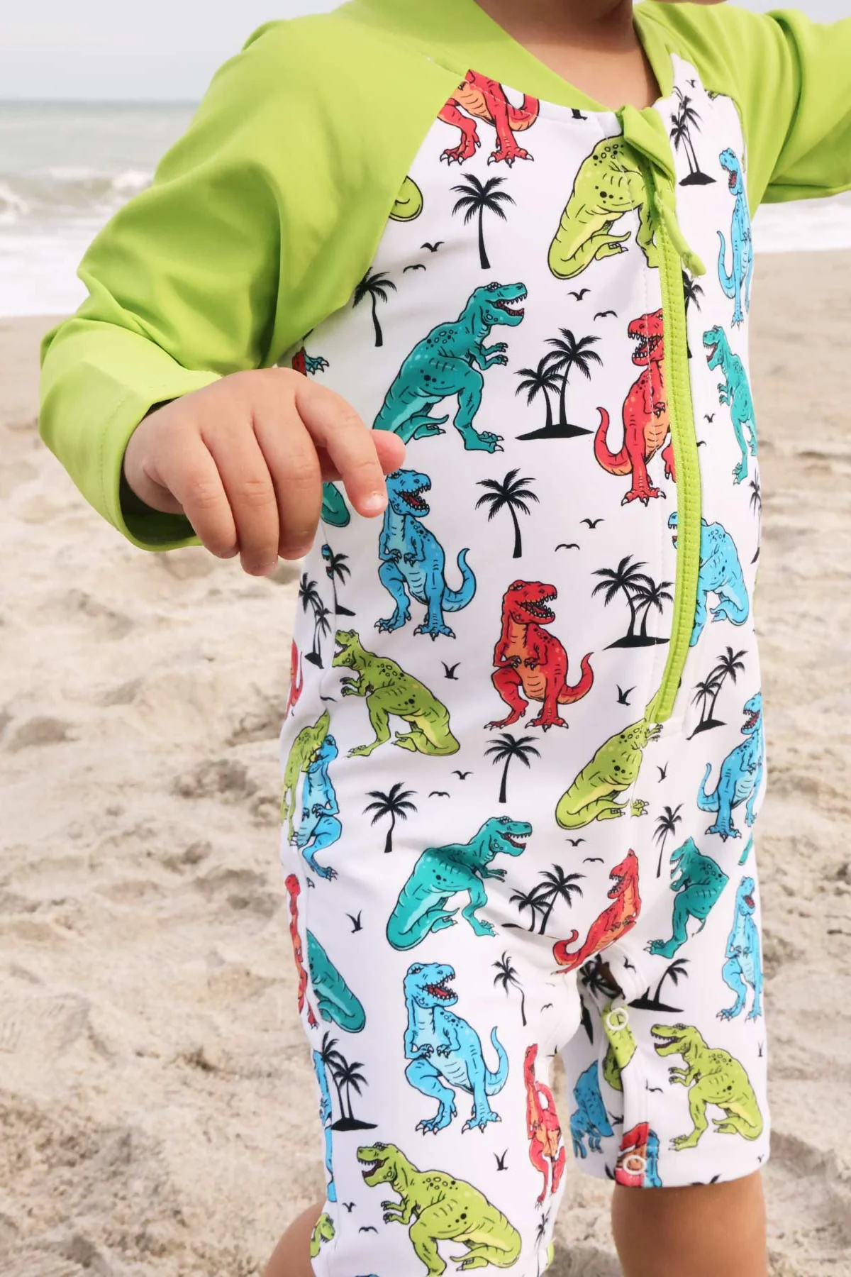 Long Sleeve Rash Guard Swim Romper Shortie | Tropical T-Rex - Image 10